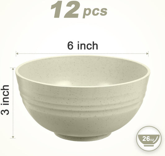 12 Pcs Unbreakable Cereal Bowls Set, 26 Oz Wheat Straw Bowls Set, Microwave & Dishwasher Safe Bowls for Kitchen, Reusable Plastic Bowls for Soup, Salad and Snack, BPA Free, Beige