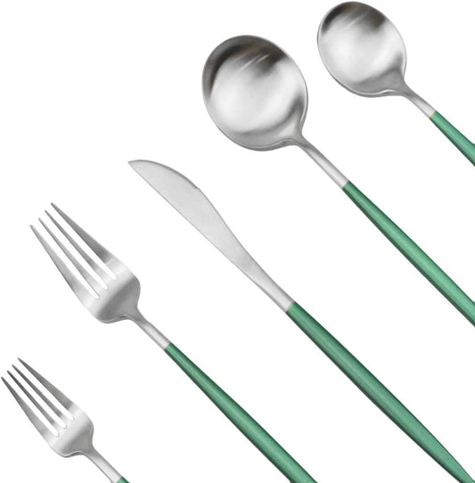 JASHII Silverware Sets, 20-Piece Flatware 18/10 Stainless Steel Heavy Weight Forged Cutlery Eating Utensils Forks Spoons Knives Set Tableware Service for 4 Matte Finished (Green & Silver)