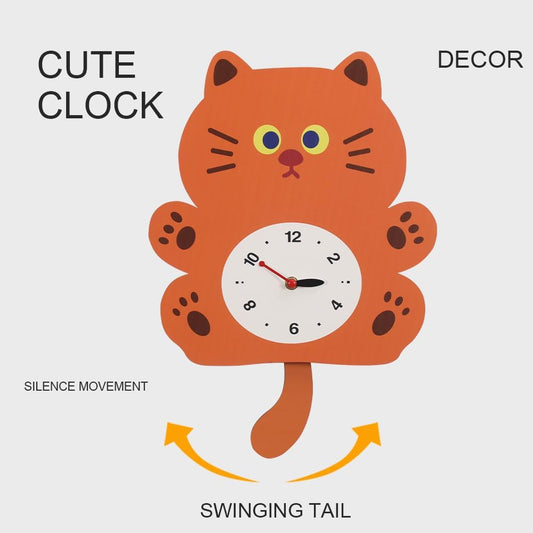 Cute Cat Swing Wall Clock with Wagging Tail - Adorable Cartoon Animal Design, Silent Non-Ticking Pendulum Clock for Kids Room, Nursery, Home Decor, for Cat Lovers (YBZ001-Brown)