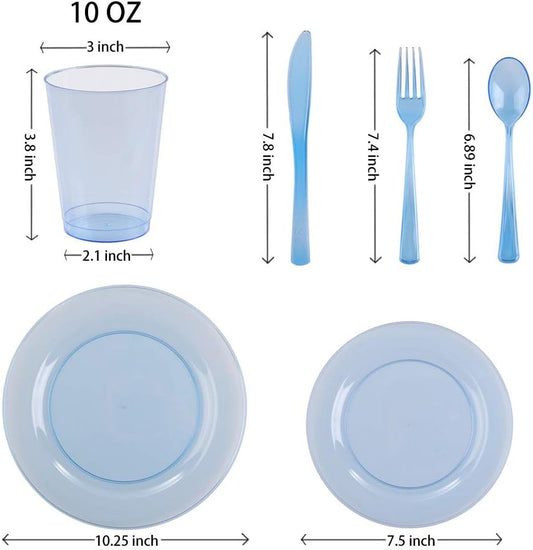 Blue Plastic Party Supplies - 150 PCS Reusable Disposable Neon Set: 25 Dinner Plates, 25 Salad/Dessert Plates, 25 Forks, 25 Spoons, 25 Knives, 25 Cups