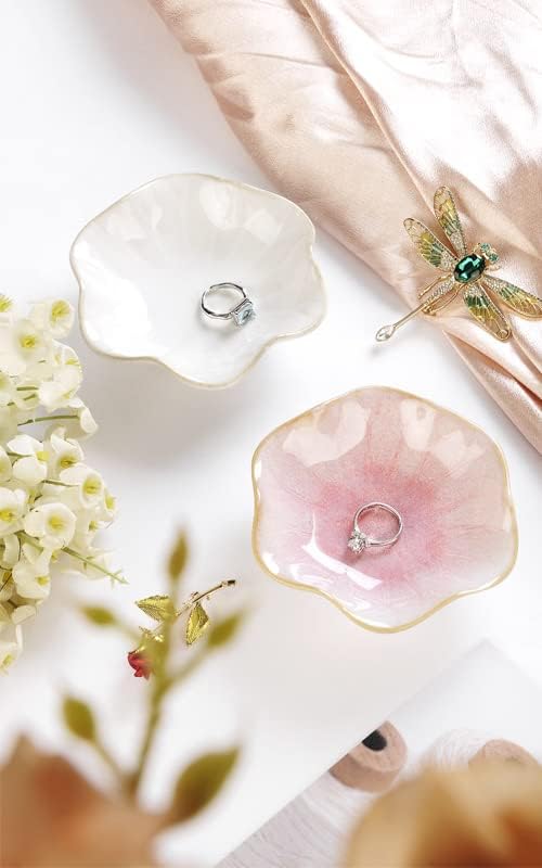 2PCS White Lotus Leaf Shape Ring Holder Dish, Small Key Bowl, Ceramic Trinket Tray Jewelry Dish Organizing Necklace Earrings for Mom Friend Sister, All Jewelries Are NOT Included, White.