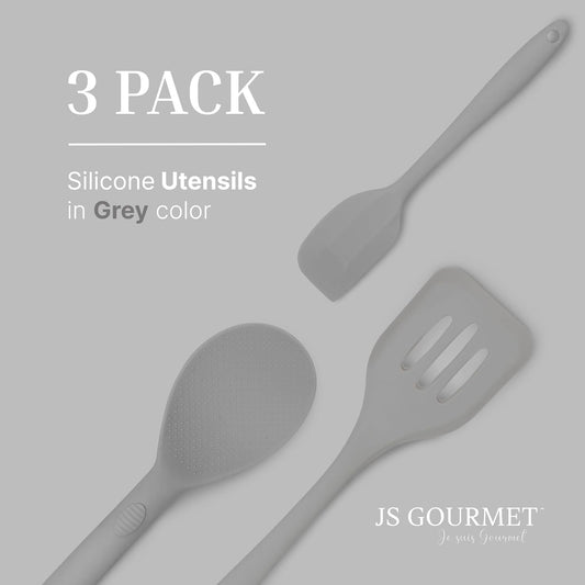 Silicone Utensils 3-Piece Set – Rubber Spatula, Slotted Turner, and Rice Paddle – Complete Heat-Resistant Set for Non-Stick Cookware – Kitchen Tools and Accessories for Cooking & Baking – Grey