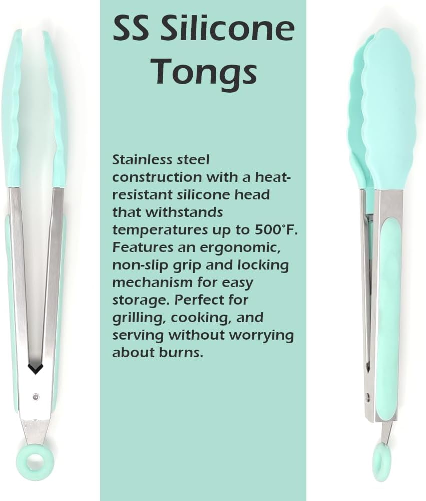 3-Piece Silicone Kitchen Utensil Set - 10" Stainless Steel Tongs, 12.5" Silicone Spatula & Spaghetti Spoon, Heat-Resistant to 500°F, Wood Handles, Non-Scratch, Hanging Loop (Green)