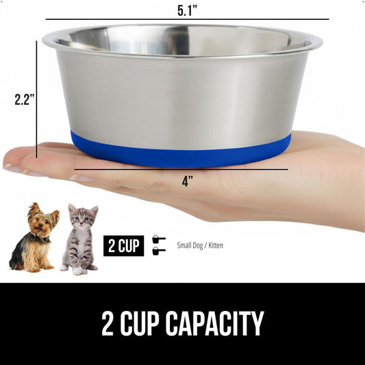 GORILLA GRIP Set of 2 Dog Bowls, Heavy Duty Metal Food and Water Bowl for Feeding Dogs and Cats, Dishwasher Safe, Rust Resistant Stainless Steel, BPA Free Rubber Base, Holds 2 Cups (16 fl oz), Blue