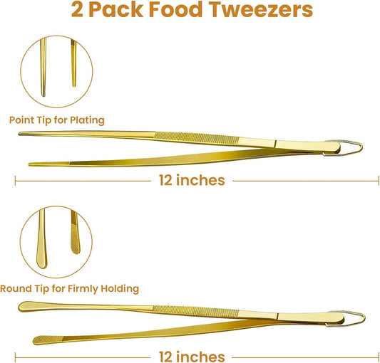 GEEKHOM 2 Pcs 12-Inch Gold Kitchen Tweezer Tongs, Stainless Steel Cooking Tweezers with Serrated Tips for Professional Plating, Grill & BBQ