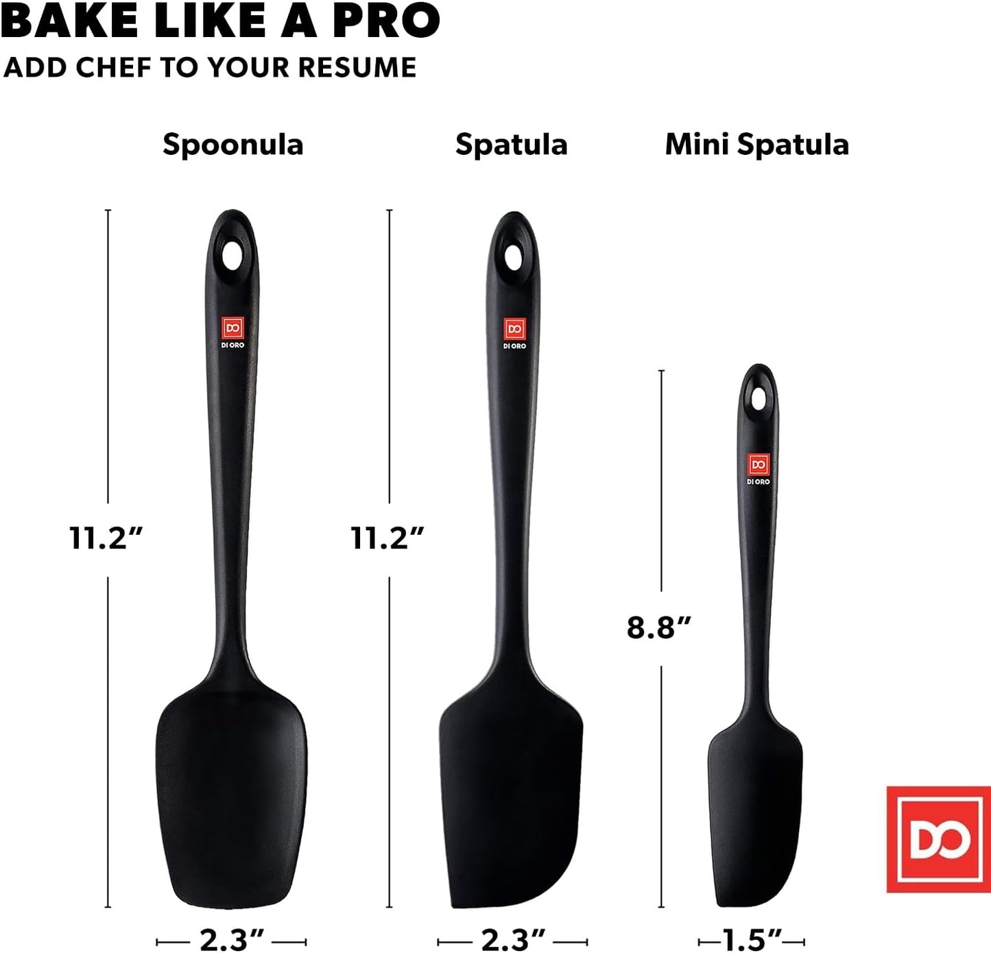 DI ORO Silicone Spatula Set - Rubber Kitchen Spatulas for Baking, Cooking, & Mixing - 600°F Heat-Resistant & BPA Free Silicone Scraper Spatulas for Nonstick Cookware - Dishwasher Safe (3pc, Black)