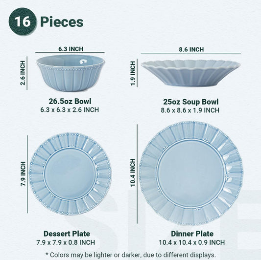 Dinnerware sets, 16 Piece plates and bowls sets for 4, Ceramic dish set, Porcelain dish set, Farmhouse premium kitchen decor, Microwavable safe, Celestial Blue