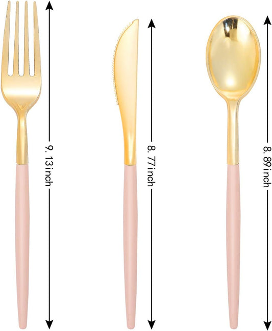 I00000 144Pcs Pink Plastic Silverware, Gold Disposable Flatware with Pink Handle, Gold Plastic Cutlery Set Includes: 48 Forks, 48 Knives and 48 Spoons Perfect for Party & Wedding