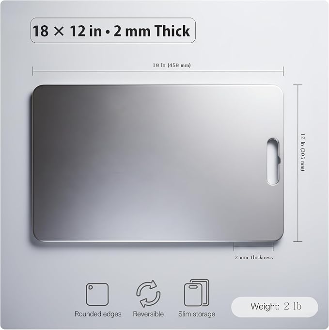 Titanium Cutting Boards For Kitchen, 2 mm Thick, 18 x 12 in 100% Pure Titanium Cutting Board, Stays Flat & Stable, Quieter, Less Vibration, Dishwasher Safe, Reversible, for Meat, Fish & Veg, BBQ Prep.