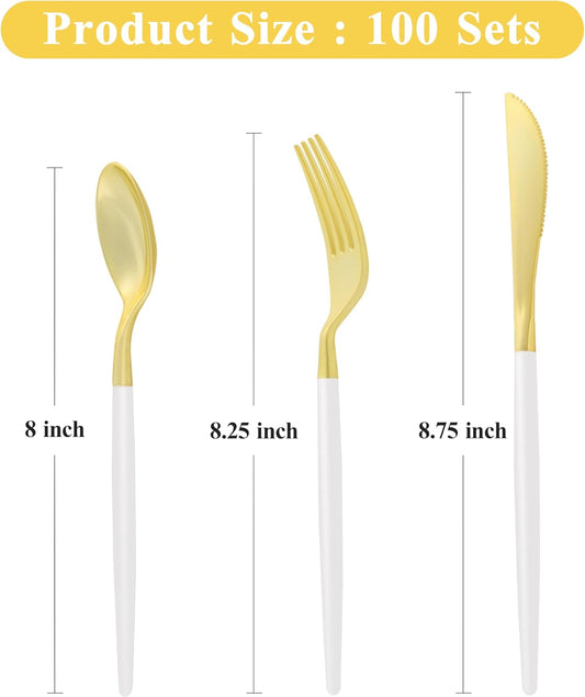 300 PCS White Gold Plastic Utensils for 100 Guests, Gold Disposable Silverware with 100 Knives, 100 Spoons and 100 Forks, BPA Free, Ideal for Weddings, Birthdays & Party