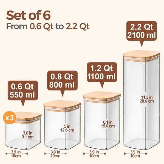 ComSaf Food Storage Containers with Airtight Lids Set of 6, Clear Glass Canister Food Jar with Sealing Lid Kitchen Pantry Storage Container for Spaghetti Pasta Sugar Flour Oat Cereal Beans, Square