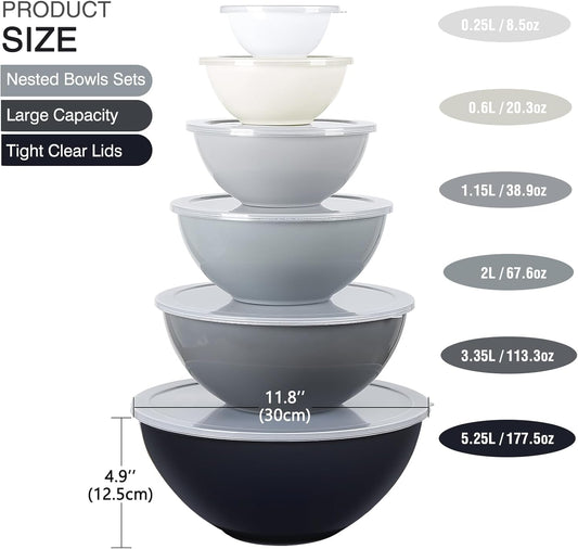 6-Piece Plastic Mixing Bowl Set with Lids for Kitchen, Nesting Storage Bowls for Baking, Prepping,Cooking and Serving Food, Dishwasher, Microwave Safe,Great for Mixing & Serving,Gray
