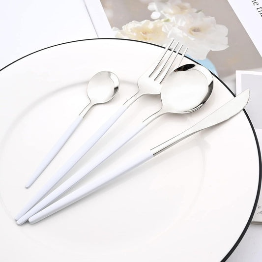 Mirror Cutlery Serving Set, 24-piece 18/0 Stainless Steel Silverware With White Handle Simple & Modern Tableware For Home Party Restaurant Christmas Dinner, Service For 6 (White Silver)