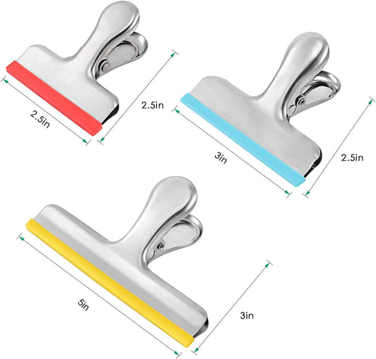 HOUSE AGAIN 12 Pack 3 Sizes Stainless Steel Chip Bag Clips Covered with Silicone - NO More Sharp Edges - Air Tight Seal Bag Clips, 5 Inches, 3 Inches and 2.5 Inches