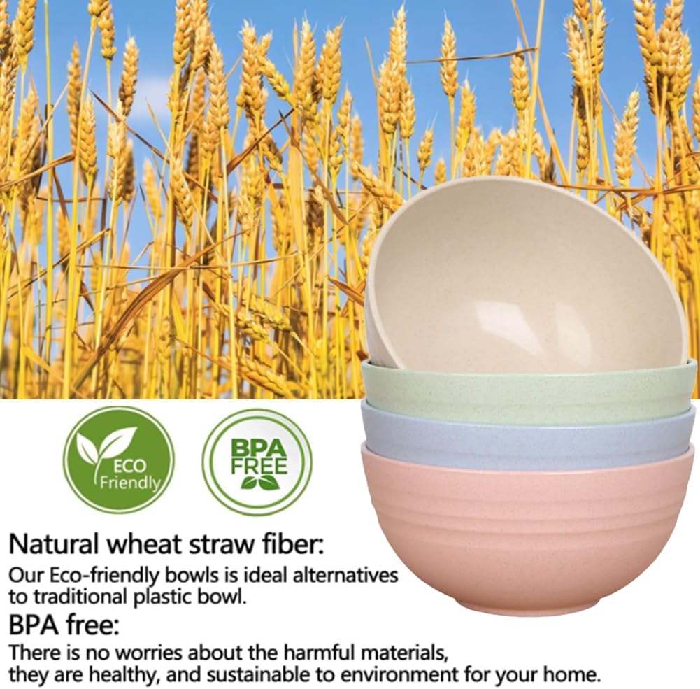 K Y KANGYUN Unbreakable Cereal Bowls - 24 oz Reusable Wheat Straw Bowl- Perfect for Serving Soup, Oatmeal, Pasta, Salad Camping, Picnic Bowls- Dishwasher & Microwave Safe - BPA Free, Sets for 4