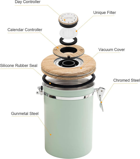 TEDSWAIT Coffee Canisters Airtight Coffee Bean Storage Container Kitchen Stainless Steel Food Storage Container with Scoop Date Tracker & CO2 Valve 61Fl Oz (Green)