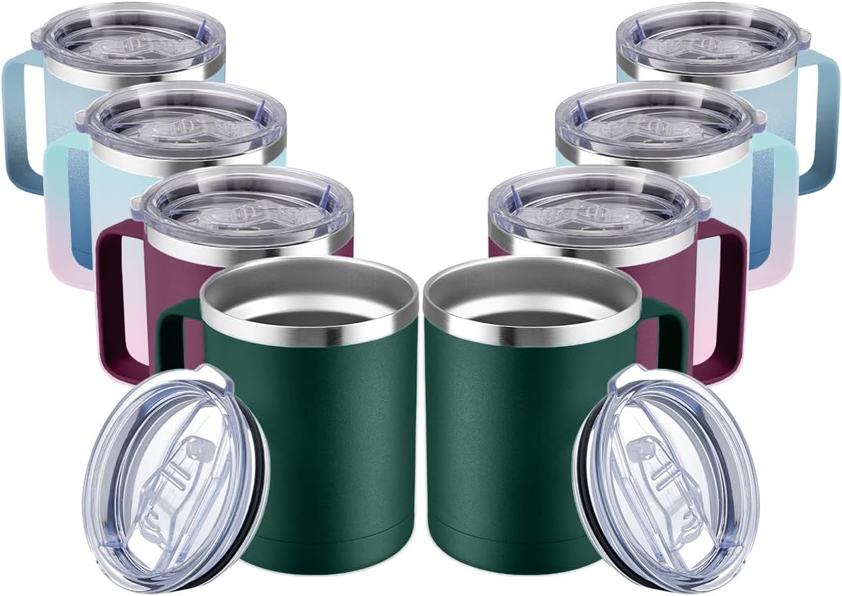 MEWAY 12oz Coffee Mug With Handle 2 Pack Bulk,Stainless Steel Insulated Travel Tumblers With Sliding Lid,Double Wall Vacuum Camping Cup for Hot & Cold Drinks Tea (Forest Green&Plum,Set of 8)