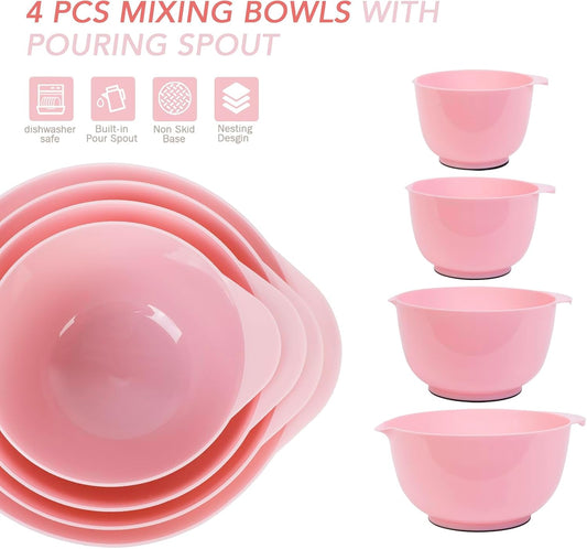 BoxedHome 4 Quart Large Plastic Mixing Bowls, Microwave Safe Mixing Bowl Set with Pour Spout, Nesting Bowls for Space Saving Storage(Fading Rose)