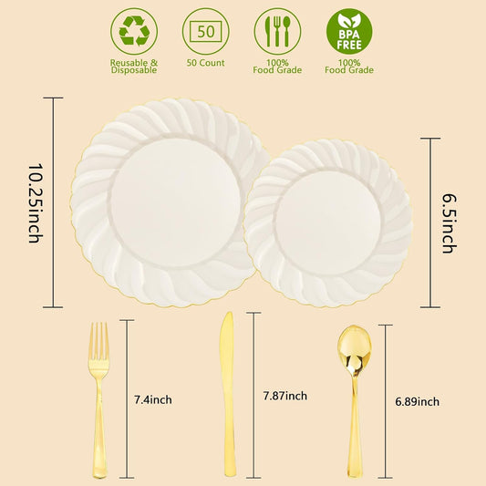 YOUBET 125PCS Scalloped Plastic Plates - Ivory Scalloped Disposable Plates - Gold Plastic Dinnerware Set Include 50 Plates, 75 Gold Silverware for Party & Wedding & Thanksgiving