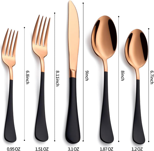 20-Pieces Rose Gold and Black Silverware Sets for 4,Black Handle Stainless Steel Cutlery Set, Include Forks Spoons and Knives Set, Dishwasher Safe Utensil Sets for Home Restaurant
