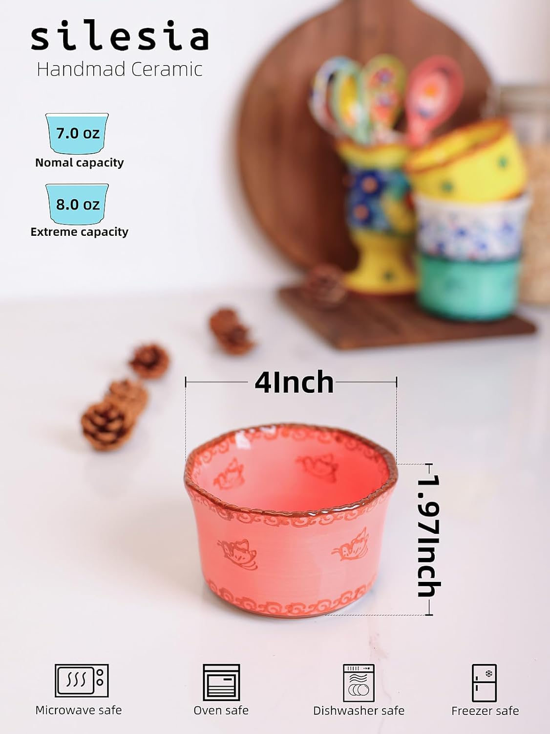 Handmade 7 oz Small Bowls - Ceramic Hand Painted Bowl Great for Ramekins, Dipping, Side Dish, Dessert, Sauce, Ice cream, Appetizer, Sushi in Gift Box, 3.5 inch, Set of 3, Glazed Pink