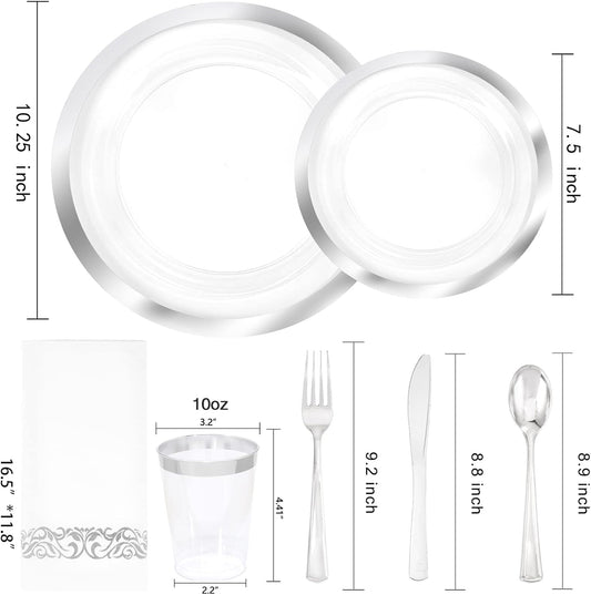 YOUBET 175PCS Clear Plastic Plates with Silver Rim include -Disposable Silver Plstic Plates Includes 50 Silvery Plastic Plate, 25Forks, 25Knives, 25Spoons, 25Cups, 25Napkins for Wedding & Party