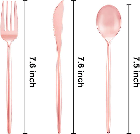 SUT 150Pcs Rose Gold Plastic Silverware, Disposable Cutlery Set, Heavy Duty Plastic Flatware Set,Disposable Rose Gold Utensils Include 50 Forks,50 Spoons, 50 Knives Perfect for Party