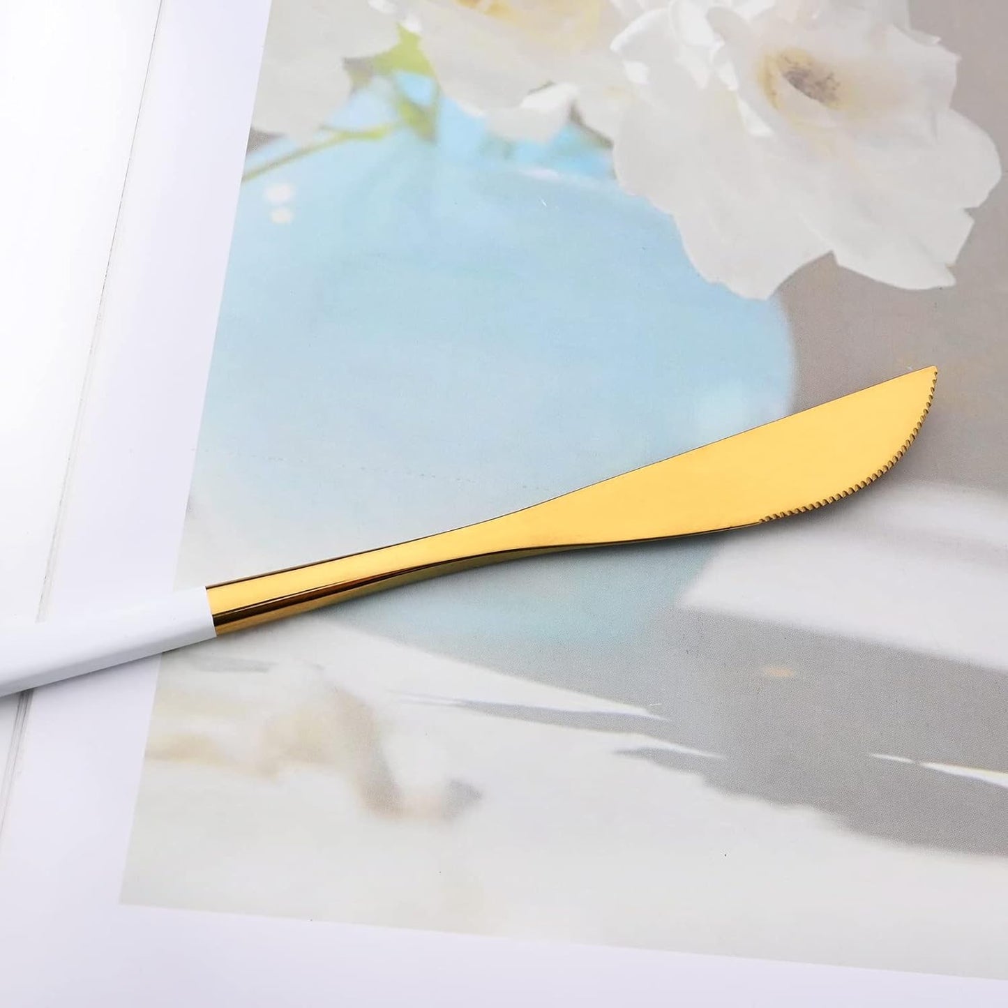 Mirror Cutlery Serving Set, 24-piece 18/0 Stainless Steel Silverware With White Handle Simple & Modern Tableware For Home Party Restaurant Christmas Dinner, Service For 6 (White Gold)