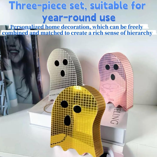 3 Pack Christmas Disco Laser Reflective Ghost Decor - 6 Inch Ball Table Centerpiece for Tiered Tray, Spooky Party & Home Decor, Sparkling Gothic Kitchen Desktop Decoration (Silver+Pink+Golden)