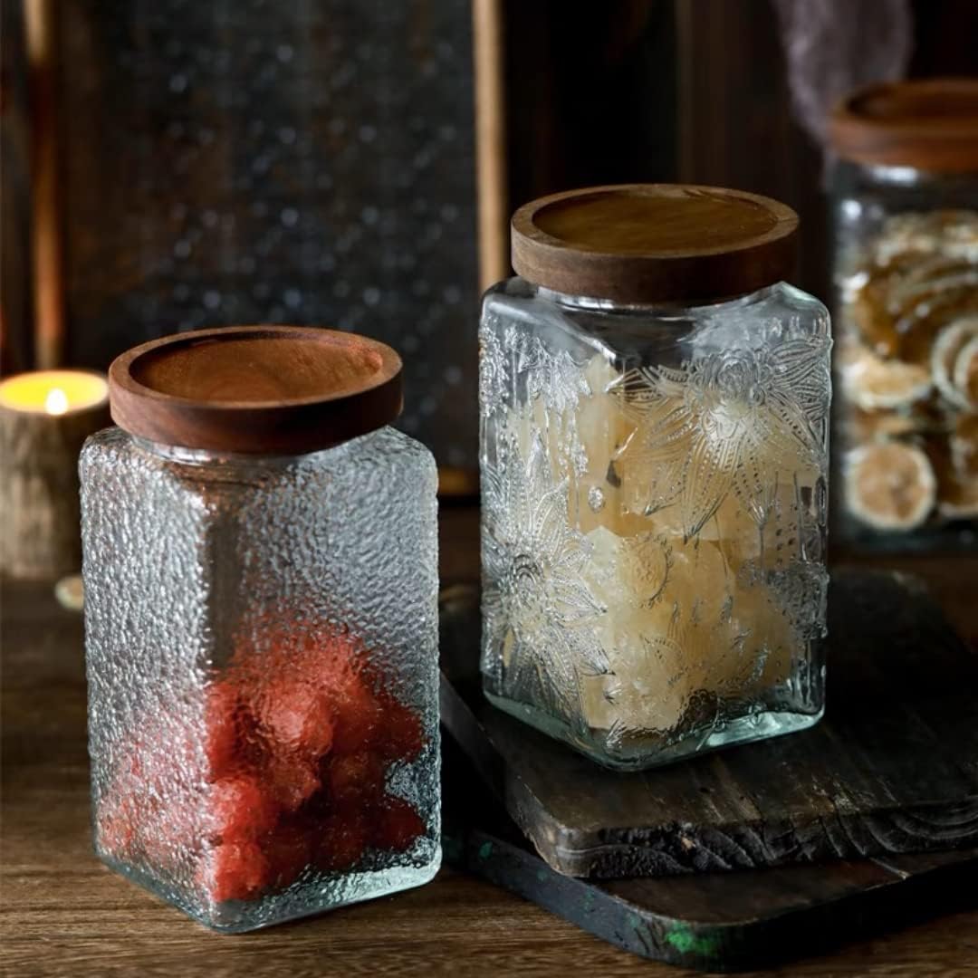 Vintage Glass Jar Canister, 34 FL OZ Food Storage Jar, Square Glass Jar with Lid, Decorative Jar for Home Kitchen Coffee, Tea, Candy, Sugar Jar