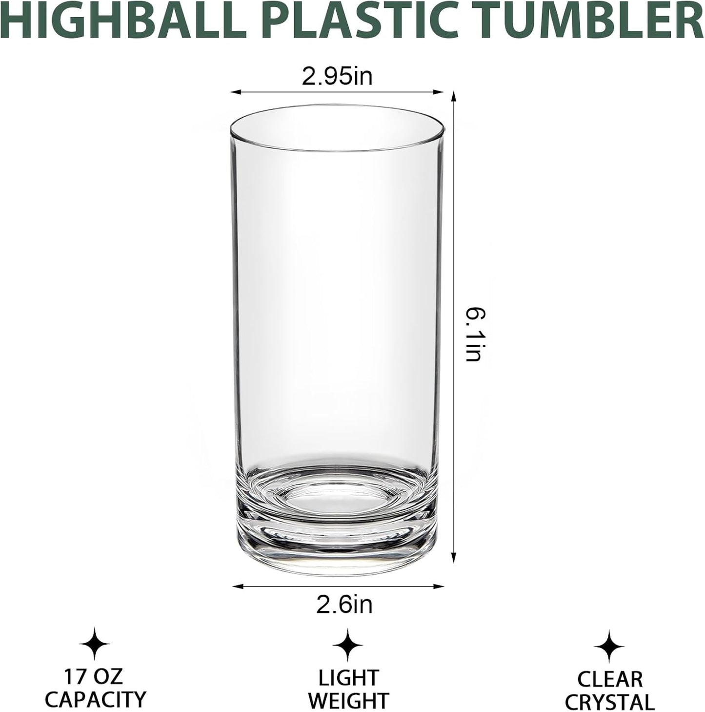 17 Oz Plastic Tumblers Set of 12, Clear Plastic Drinking Glasses, Plastic Cups Reusable, Highball Glasses Drinking Set for Kitchen Poolside Patio,Dishwasher-Safe, Shatterproof, BPA-Free