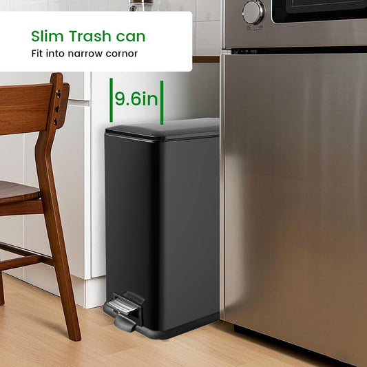 12 Gallon Slim Trash Can with Lid,45 Liter Kitchen Garbage Can,Black Stainless Steel Step Bin for Narrow Spaces with Soft-Close Lid, Inner Bucket, and Step-on Pedal