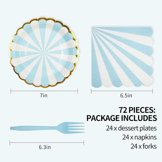 72PCS Blue Paper Plates and Napkins Party Supplies, Gold Foil Edge Scalloped Striped Paper Plates Napkins Disposable Tableware Set for Birthday Wedding Baby Shower Party Decoration (Blue)