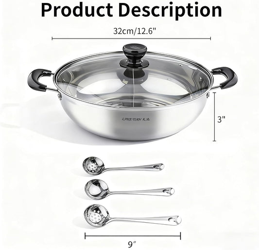 Stainless Steel Hot Pot with Divider Include 3 Spoons, Shabu Shabu Chinese Hot Pot With Lid, Dual Sided Yin Yang Pan with Divider Set, Portable, 12.6″