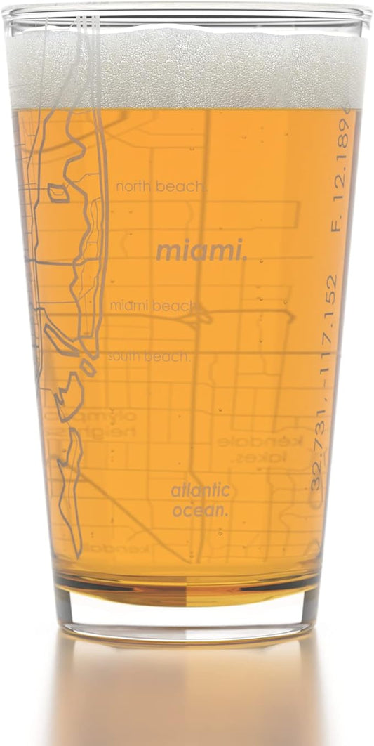 Well Told Engraved Miami Florida Map Pint Glass, Etched Beer Gift (16 oz, Clear) City Map Pint, Custom City Glassware, Gifts For Beer Lovers