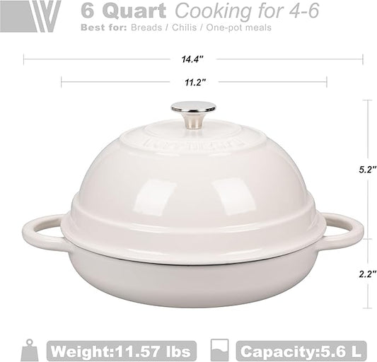 Cast Iron Enameled Dutch Oven Pot with Lid for Bread Baking, Bread Oven, 6 Quart, White
