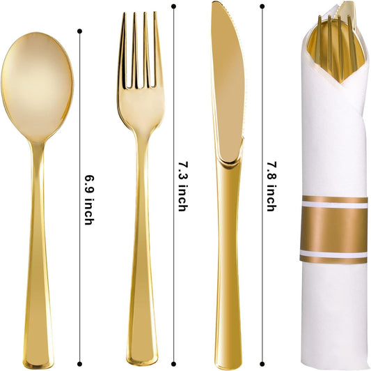 Pre Rolled Gold Plastic Cutlery - Gold Disposable Plastic Silverware, 100 Pack Wrapped Silverware, Disposable Utensils with 100 Forks 100 Knives 100 Spoons 100 Dinner Napkins for Party