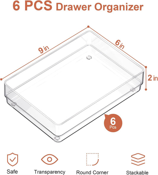 SMARTAKE 6 PCS Clear Plastic Drawer Organizers Set, Large Size Non-Slip Desk Drawer Organizer, Versatile Bathroom and Vanity Drawer Organizer Trays for Makeup, Bedroom, Office, Kitchen Utensils