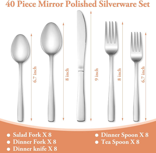 40 Pcs Silverware Set, Stainless Steel Flatware Set for 8, Food-Grade Cutlery Set, Mirror Polished Tableware Eating Utensils Set for Home Kitchen, Include Knife Fork Spoon Set, Dishwasher Safe