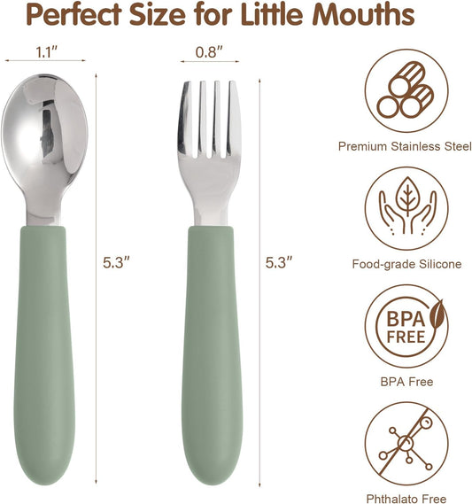 Toddler Utensils, Kids Silverware with Silicone Handle, Spoons and Forks Set, 18/8 Stainless Steel Children Safe Feeding Supplies, 6 Pack, Dishwasher Safe