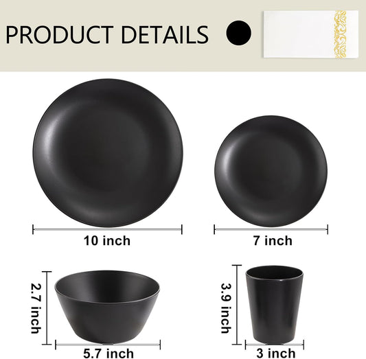 Supernal 32pcs Black Wheat Straw Dinnerware Sets with 25pcs Linen Napkins,Plates and Bowls Sets for 8,Black Plastic Dinnerware Sets, Microwave Dishwasher Safe Plates, Dishes Set for 8