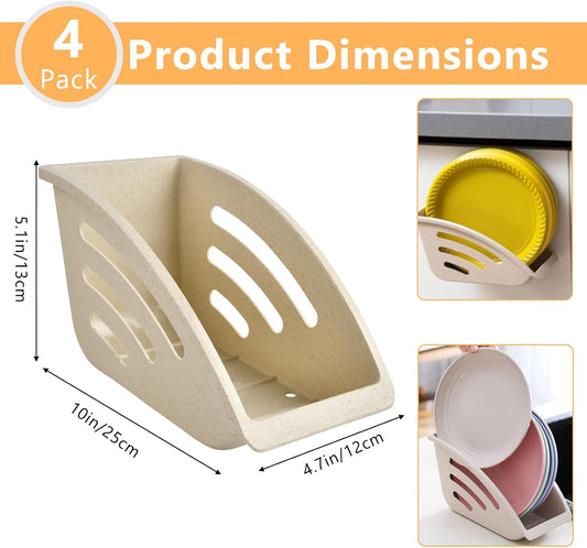 4 Pcs Paper Plate Holder,10 Inch Plastic Paper Plate Dispenser, Dinner Plate Organizer for Countertop, ReusablePlate Storage Rack for Kitchen Cabinet