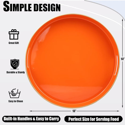 Orange Round Decorative Tray with Handles, 13" Elegant Coffee Table Serving Tray for Ottoman Living Room, Bathroom, Outdoors, Breakfast