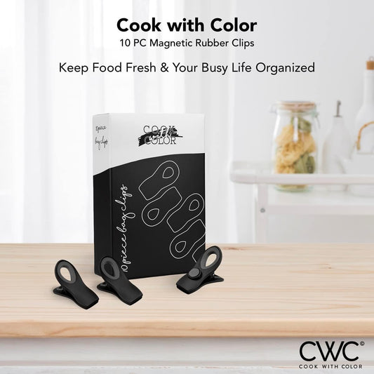 COOK WITH COLOR Bag Clips with Magnet - Airtight Food Storage Clips for Bread, Snack, and Food Bags (Black, Pack of 10)