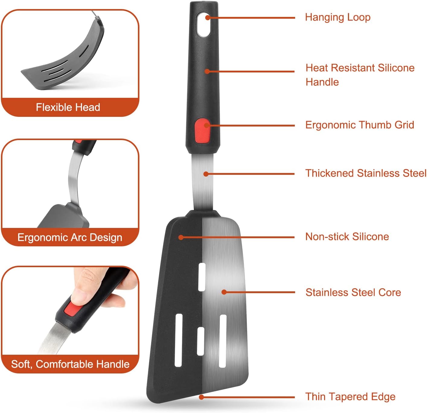 Hotec Silicone Spatula Turner for Nonstick Cookware, Cooking Spatulas 600°F Heat Resistant Large Flexible Rubber Spatula Set of 3, Kitchen Utensils for Flipping Eggs, Burgers, Pancakes, Crepes