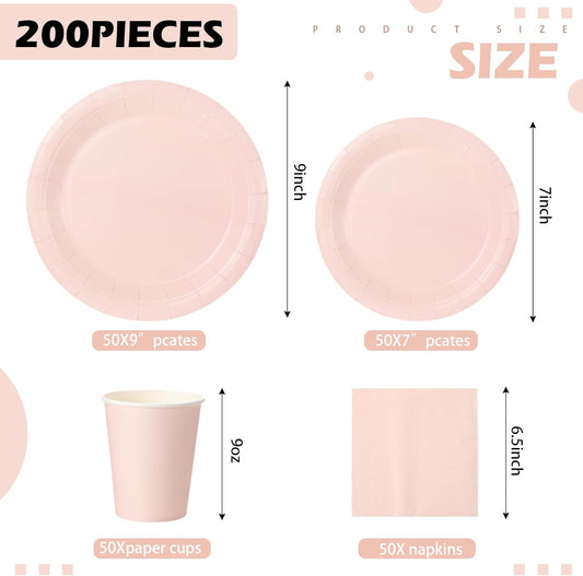 Tioncy 200 Pcs Disposable Paper Plates Cups and Napkins Party Supplies Serve 50 Guests Disposable Paper Dinnerware Set for Halloween Birthday Wedding Baby Shower Family Picnic(Pastel Pink)