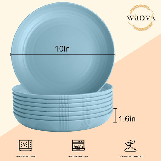 Wrova Wheat Straw Plates - 10 Inch Unbreakable Deep Dinner Plate Set of 8 - Dishwasher & Microwave Safe Plastic Plates Reusable - Lightweight Plate for Kitchen,Outdoor, RV. (Light Blue)