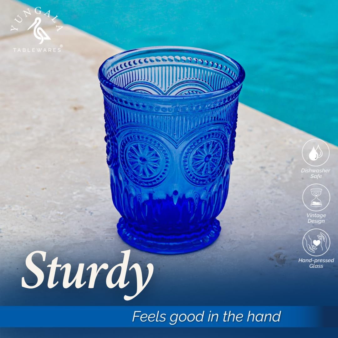 Cobalt Blue Glassware drinking glasses Set of 6, Handcrafted 8-Ounce Cups with Vintage Sunflower Pattern, Sturdy Lead-Free, Dishwasher Friendly blue drinking glasses with matching highball and goblets