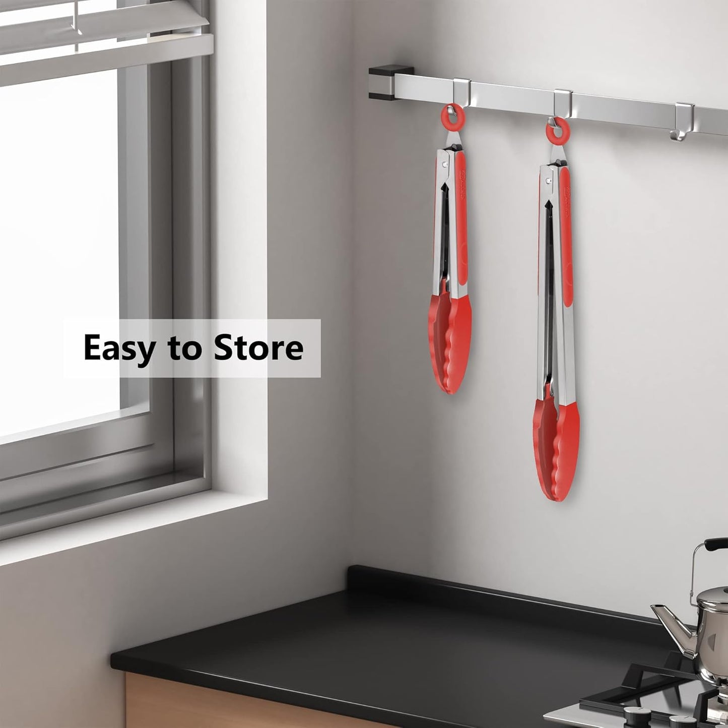 Set of 2 Kitchen Tongs 9-Inch & 12-Inch, Premium Stainless Steel BPA Free Silicone Non-Stick Grilling Barbeque Cooking Locking Food Tongs, Red