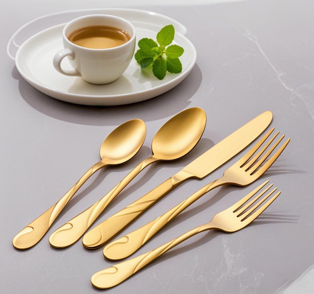 Gold Silverware Set for 8, 40-Piece Stainless Steel Flatware Set, Shiny Gold Metal Cutlery Set, Include Spoon, Fork and Knife Set, Dishwasher Safe